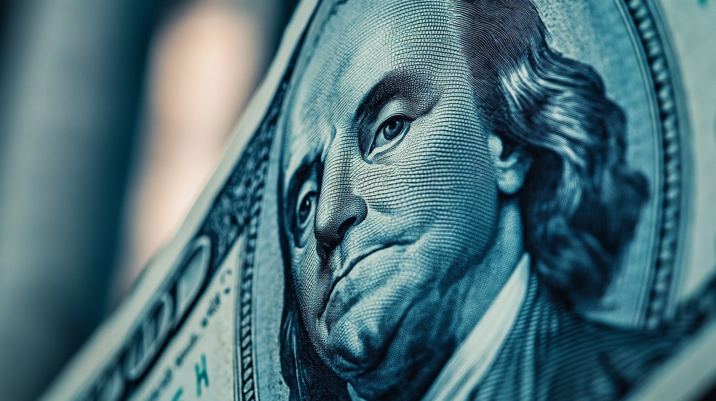 Detailed close-up of Benjamin Franklin's face on a U.S. hundred-dollar bill, representing financial transactions and currency